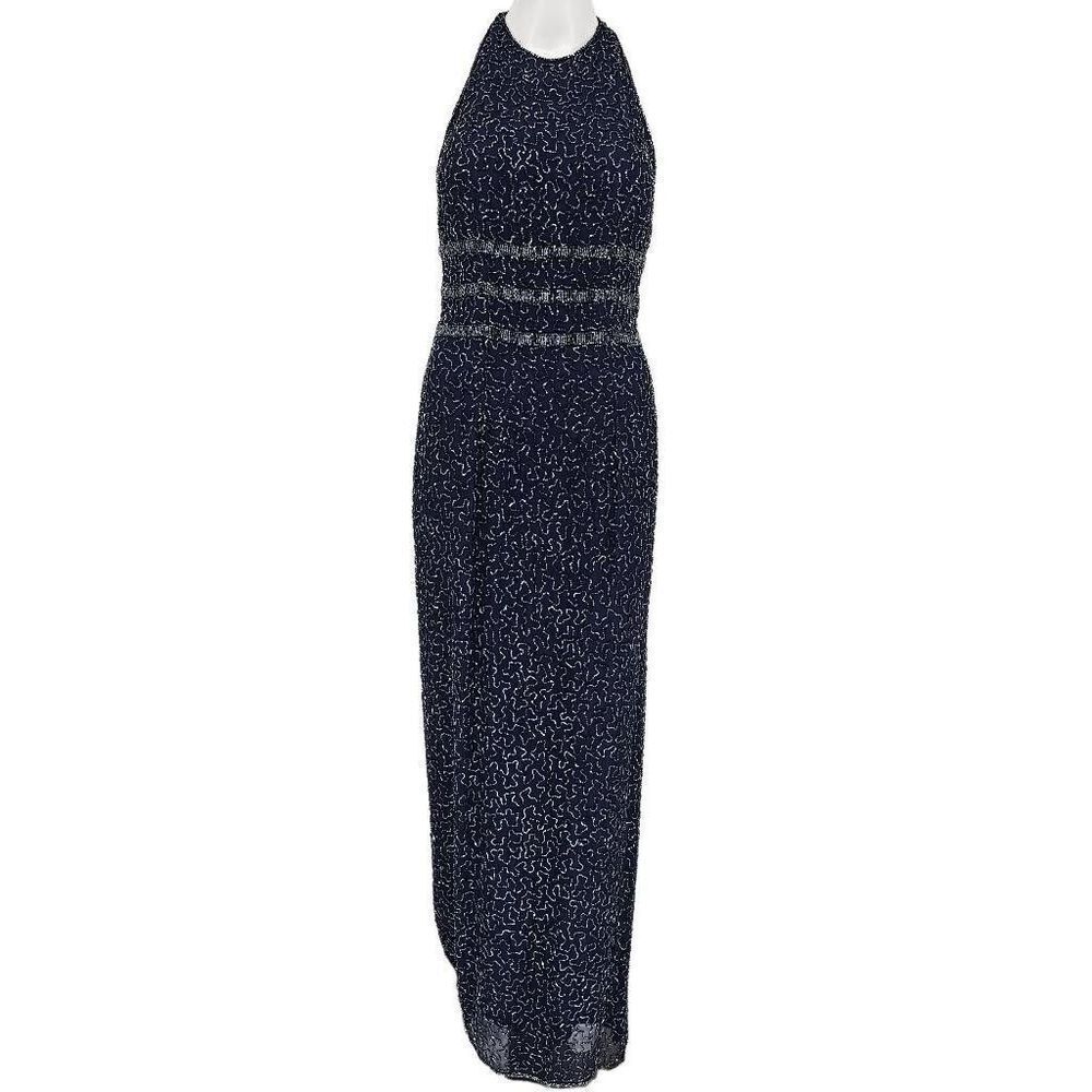 Vintage 80's Beaded Silk Maxi Gown Dress Navy Blue M